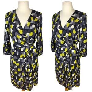 Boden Geometric Silk Blend Wrap Dress Size 4R Ruched Yellow Gray White Lined